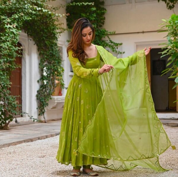 Green Cotton Anarkali Style Kurti With Pant  Latest Kurti Designs