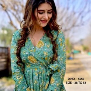 Women’s Floral Printed Rayon Anarkali Kurta Pant Dupatta Set (Sea Green)